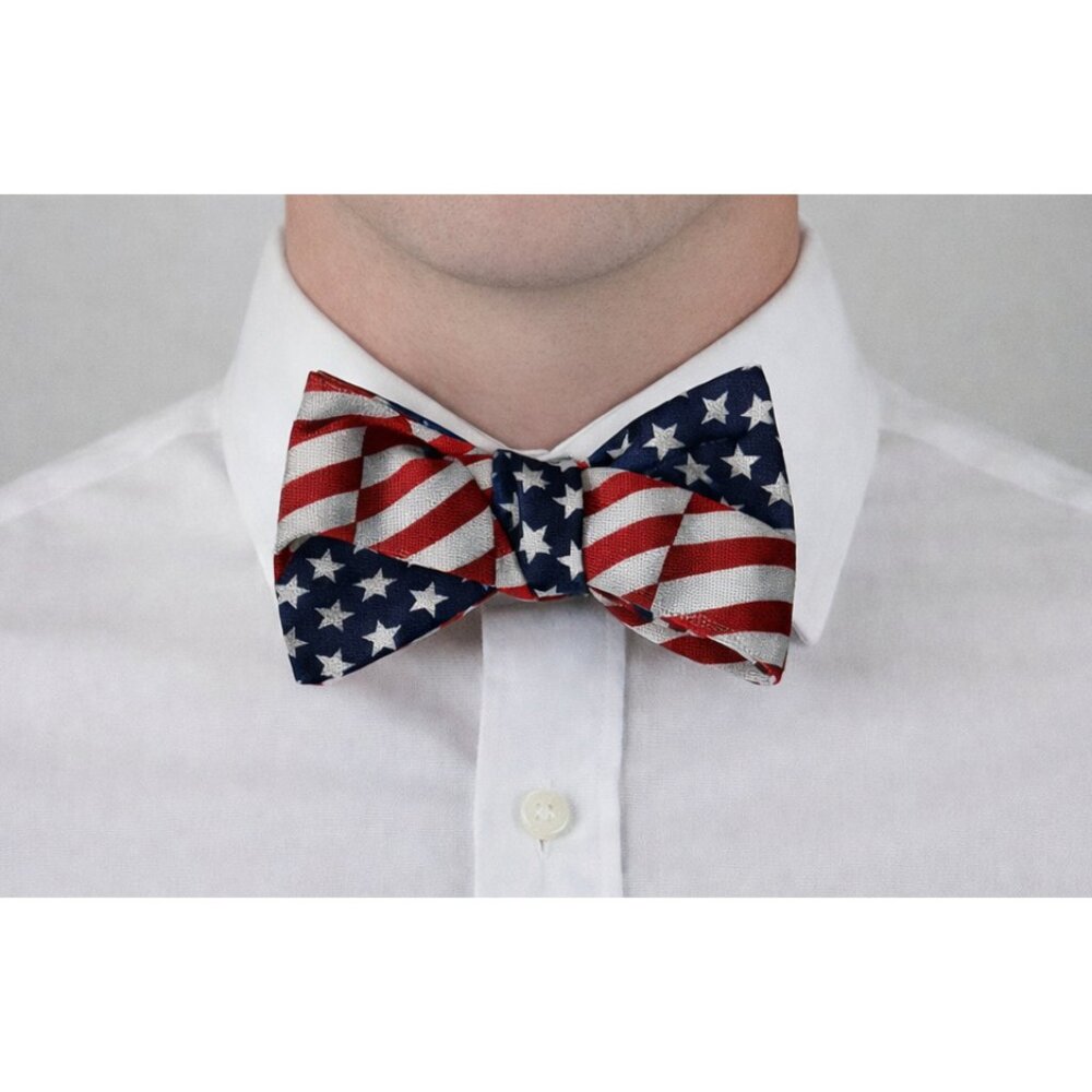 VTG T. Barry Knicker American Flag Self-Tie Bow Tie Adjustable Made in USA GUC